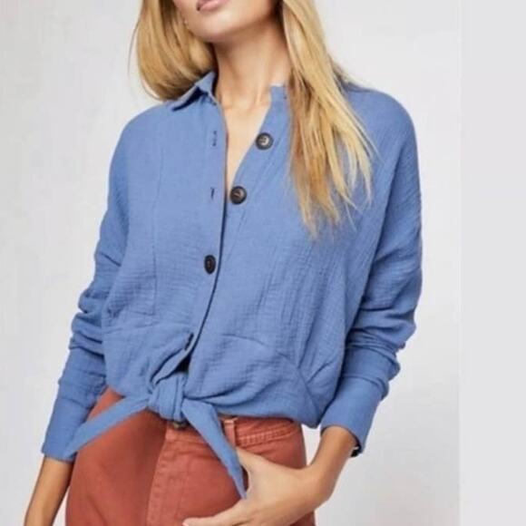 Free People Sunstreaks Tie Button Blouse Top Blue Size XS - Picture 1 of 7